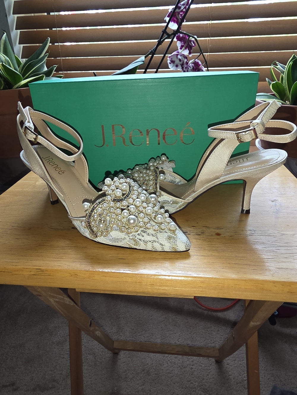J.Renee Gold, Pearl & Lace Embellished Pointed-Toe Heels